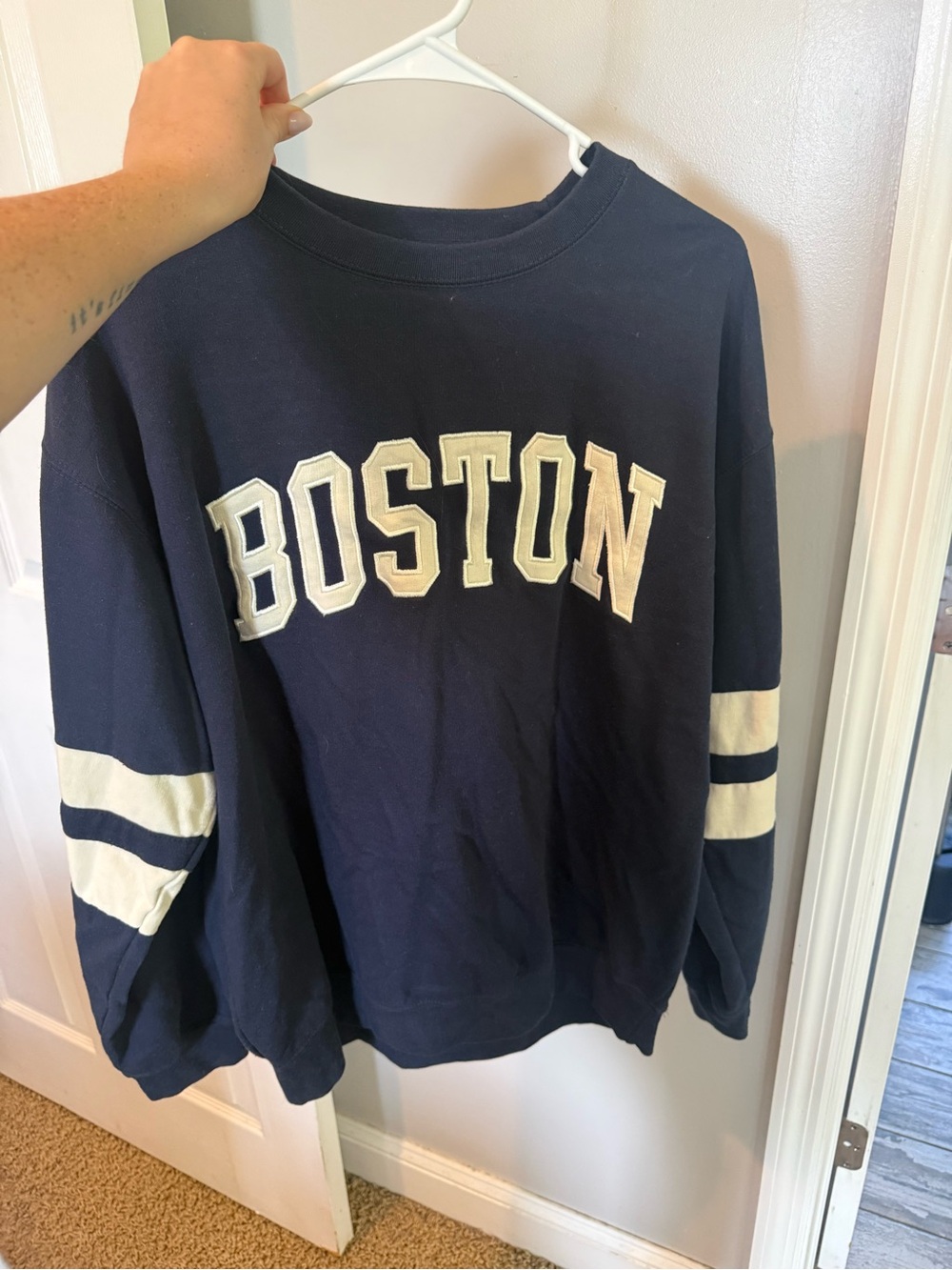 Navy Boston Crewneck Sweatshirt with White Lettering